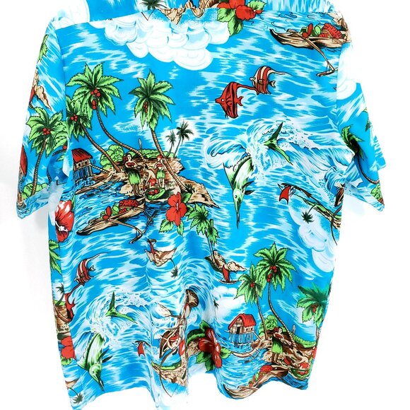 Vtg Van Cort Hawaiian Shirt Men's L? Short Sleeve Blue White Fish Island Print - Picture 5 of 7